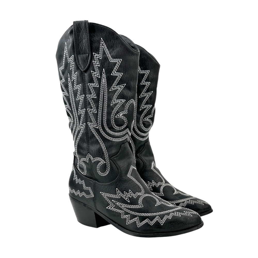 Billini Utica Black & White Embroidered Pointed Toe Mid Calf Cowboy Boots sz 6